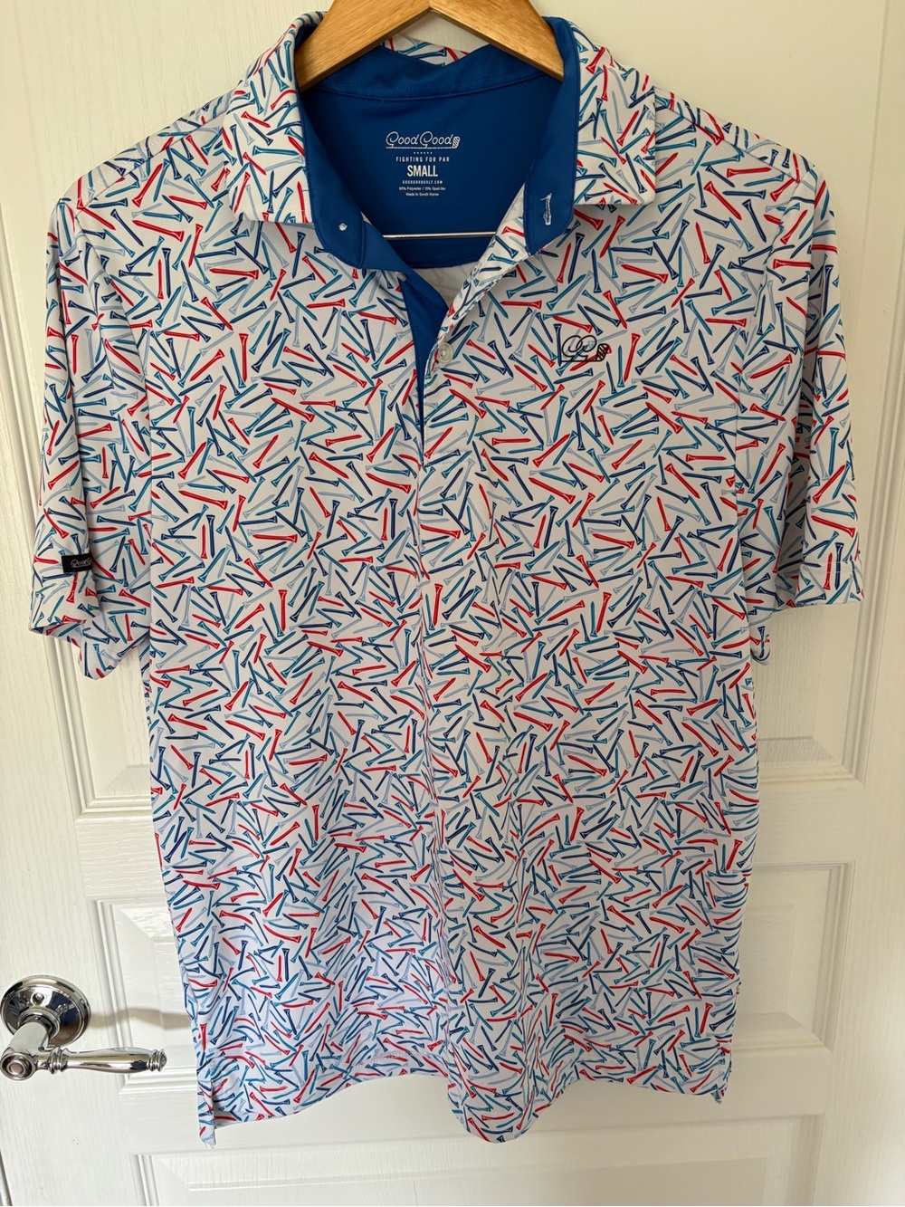 Good Good Men’s Short-Sleeve Polo in White with Red & Blue Print - Small